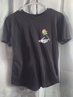 DK Black Short Sleeve Tee with Skeleton Hand & Yellow Rose